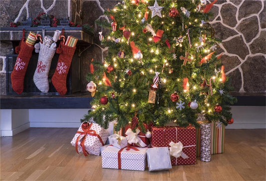 Bright Christmas Tree Backdrop Wood Floor Backdrops