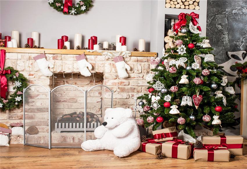 White Bear Brick Fireplace Christmas Photography Backdrops