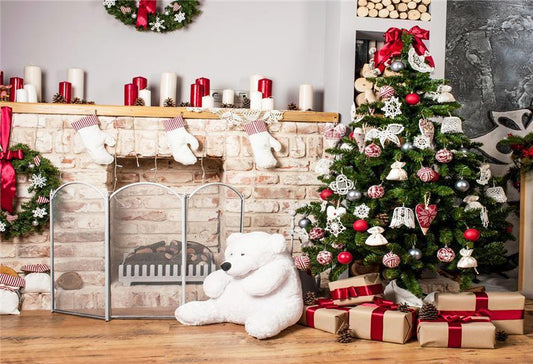 White Bear Brick Fireplace Christmas Photography Backdrops