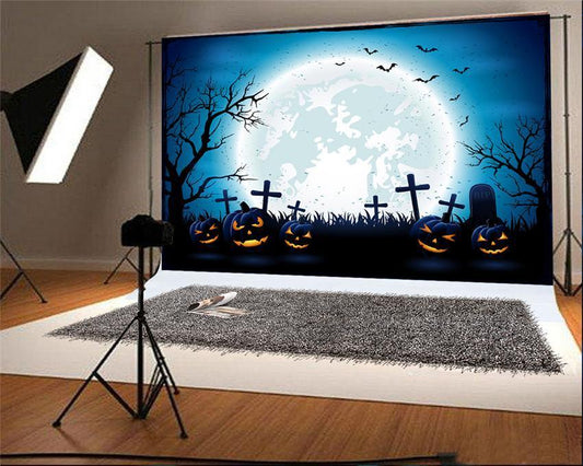 Blue Halloween Bright Moon Backdrop Pumpkin