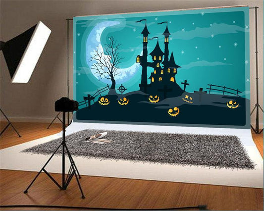 Black Castle Moon Halloween Photo Studio Backdrop