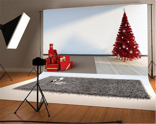 Red Tree Backdrop Wood Floor Happy New Year Background