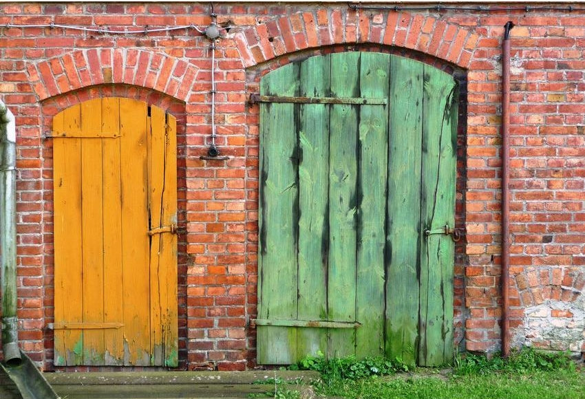 Retro Yellow And Green Door With Brick Wall Backdrop for Photography
