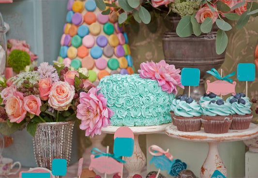 Colorful Flowers and Cake For Celebrate Baby First Birthday Photography Backdrop