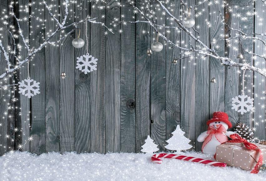 Grey Wood Wall Snowman Christmas Backdrop for Snowflake