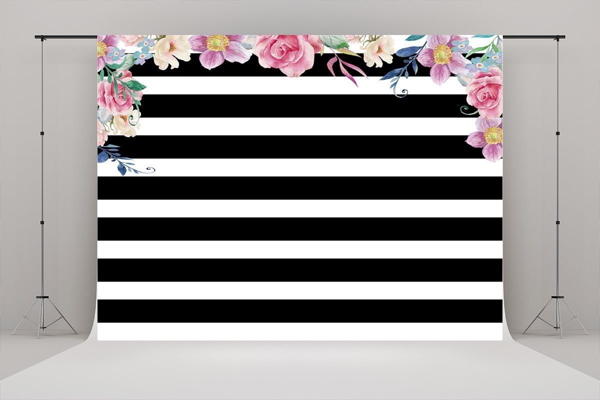 White and Black Stripes Pink Flowers Fabric Backdrop for Wedding
