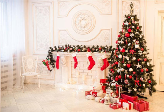 White Christmas Backdrops Bear Gift Photo Background