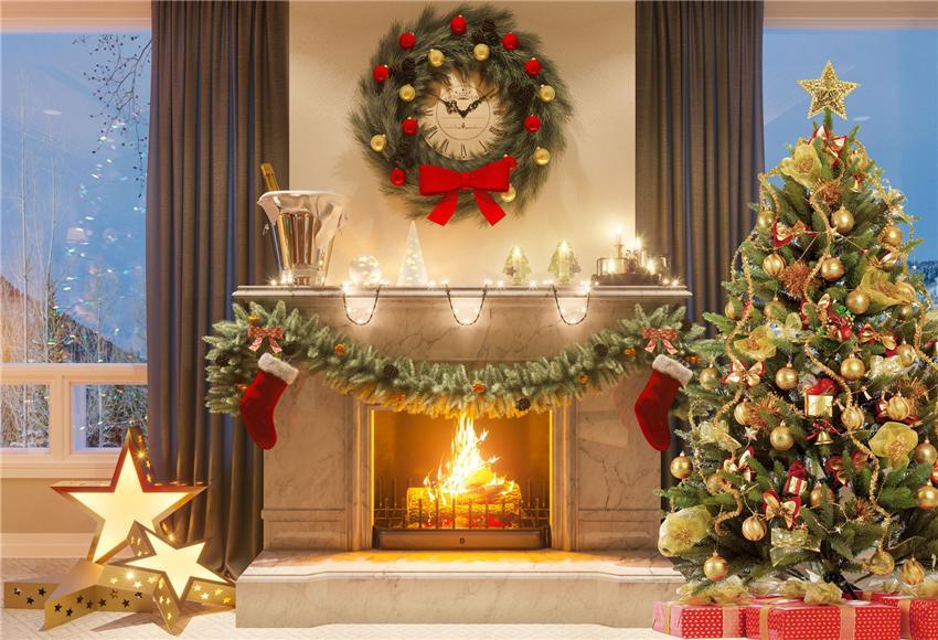 Christmas Fireplace Gold Star Photography Backdrop