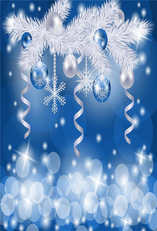 Bokeh Blue Bell White Christmas Tree Backdrop