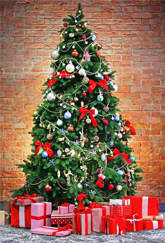 Red Brick Wall Christmas Tree Backdrops for Party