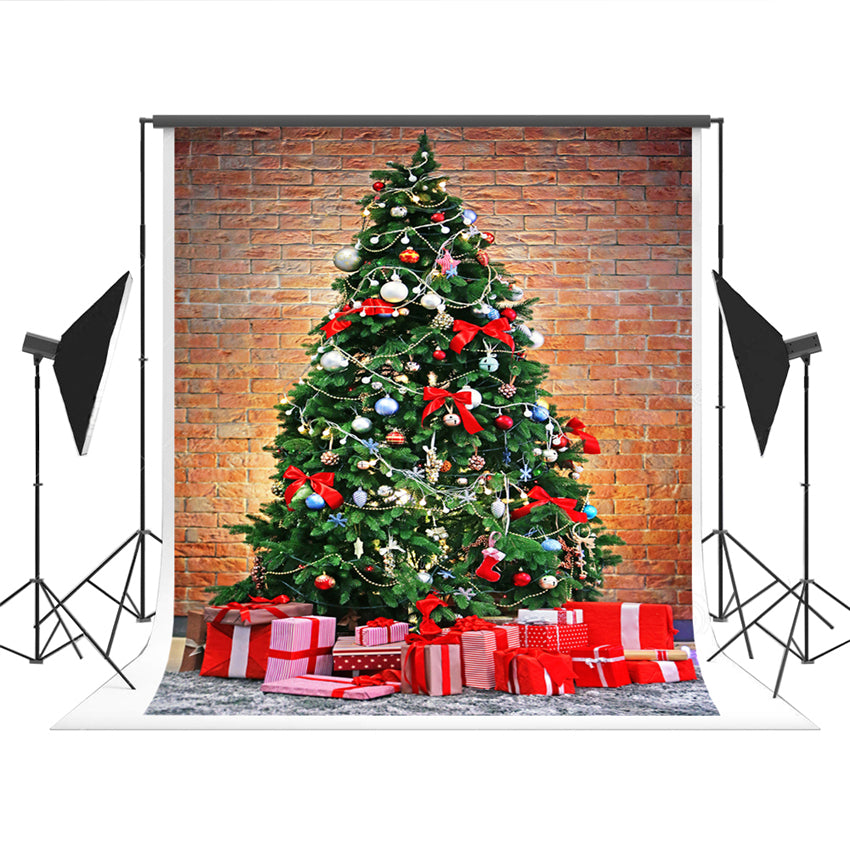 Red Brick Wall Christmas Tree Backdrops for Party