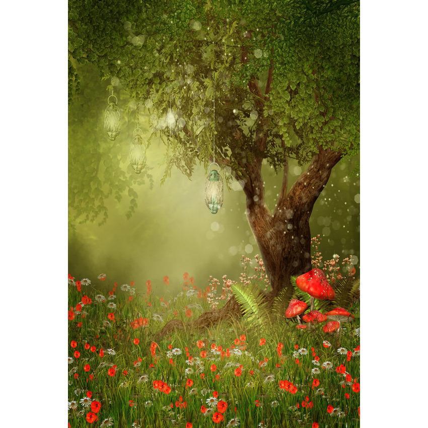 Fairy Tale Red Flower and Mushroom Under Tree Backdrop Spring Scenery Photography Background