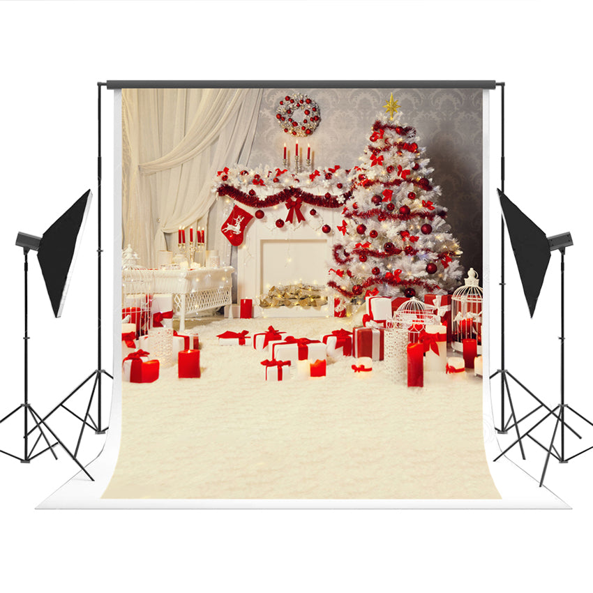 White Christmas Red Gift Backdrop for Studio