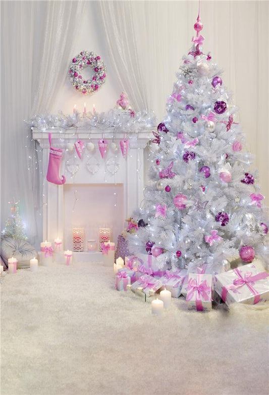 Pink Decor Christmas Tree White Fireplace Backdrops