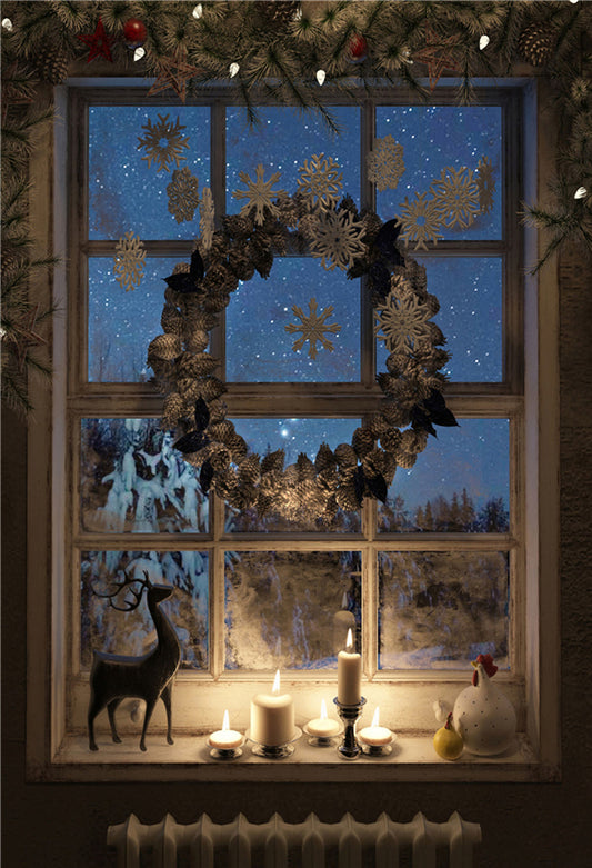 Winter Window Christmas Wreath Backdrop for Photo Prop