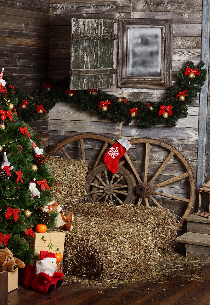 Wood Wall Straw Christmas Photography Backdrops for Picture