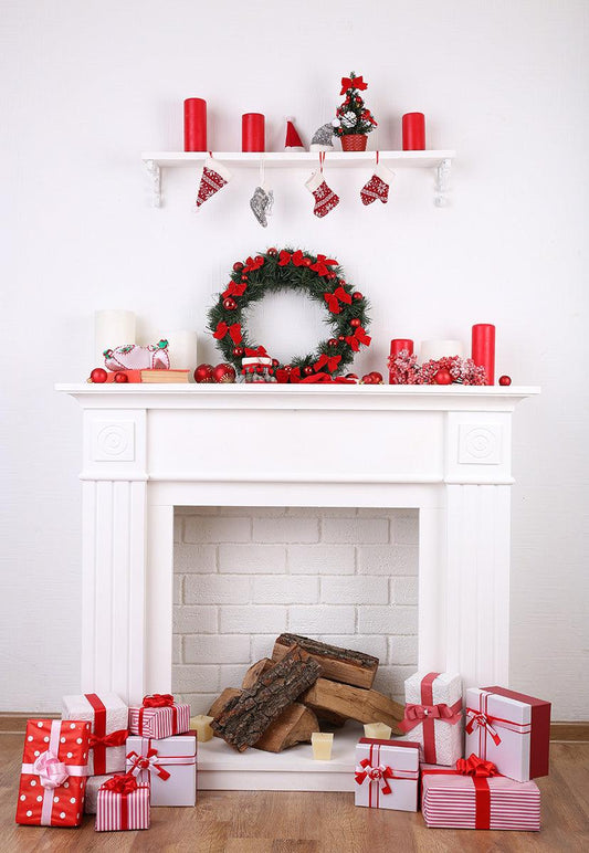 White Fireplace Wood Floor Backdrop for Picture