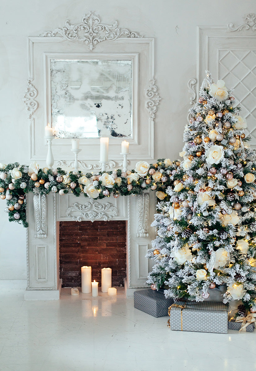 Rose Flowers Christmas Tree White Fireplace Backdrops