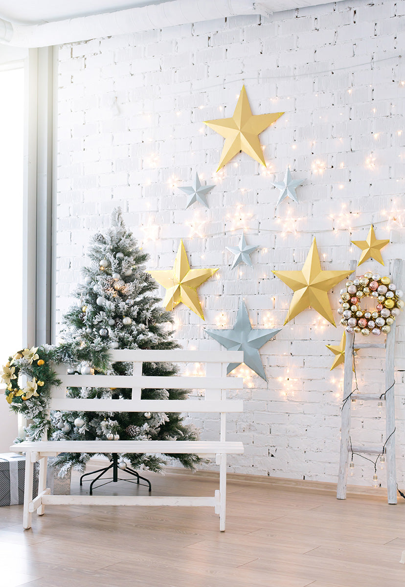 White Brick Wall Colorful Star Wood Floor Christmas Backdrops