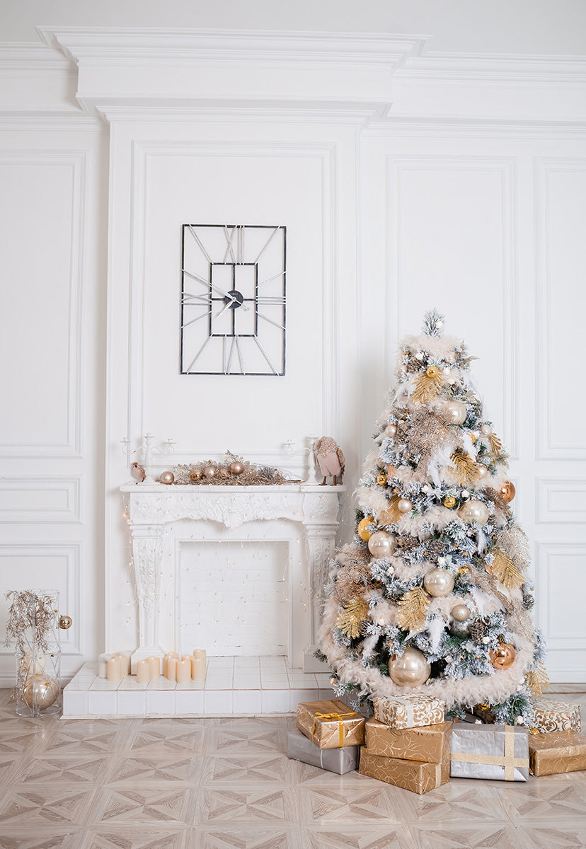 Gold Christmas Tree White Fireplace Christmas Backdrops