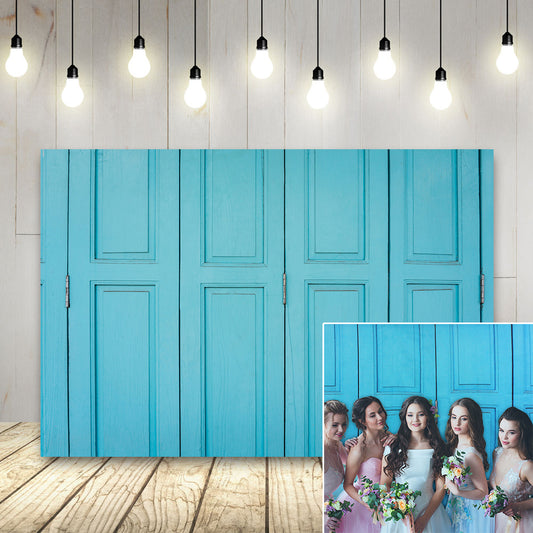 Newest Blue Four Wood Door and Wood Floor Wedding Backdrop Background for Photography