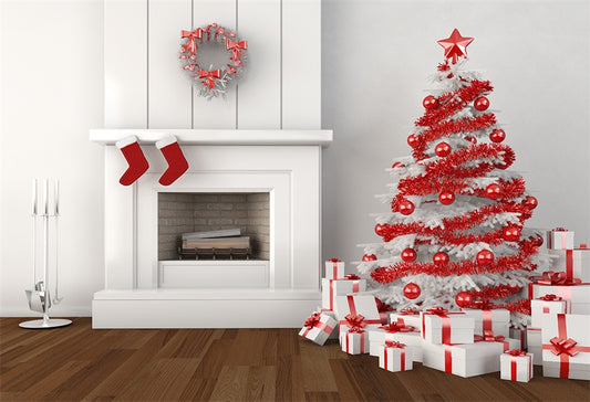 Christmas White Fireplace Brown Wood Floor Backdrop for Photos