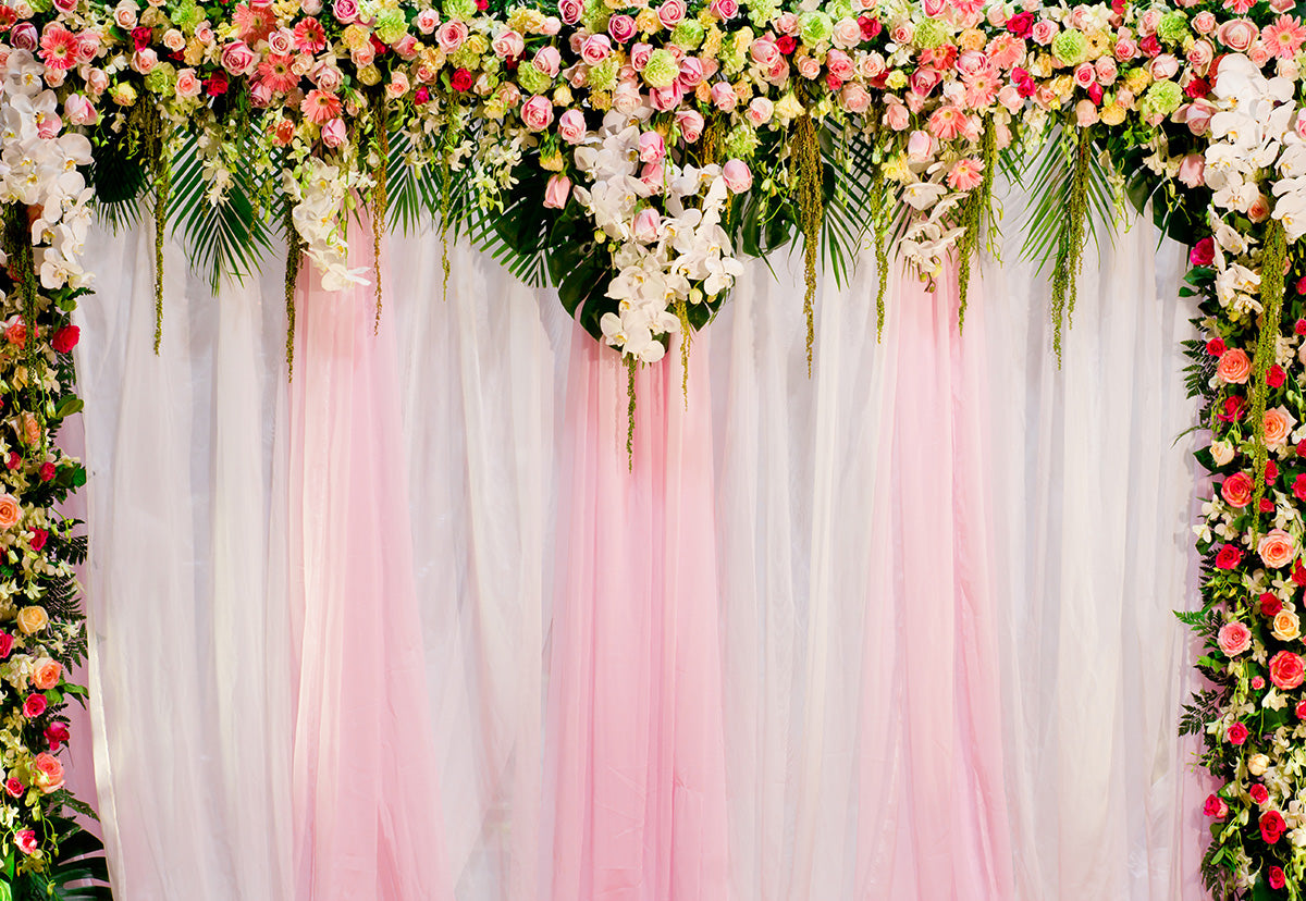 White and Pink Wedding Backdrops for Photography  Wood Floor Curtain Decorated with Pink Rose Flowers Photography Backgrounds