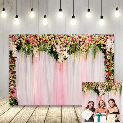 White and Pink Wedding Backdrops for Photography  Wood Floor Curtain Decorated with Pink Rose Flowers Photography Backgrounds