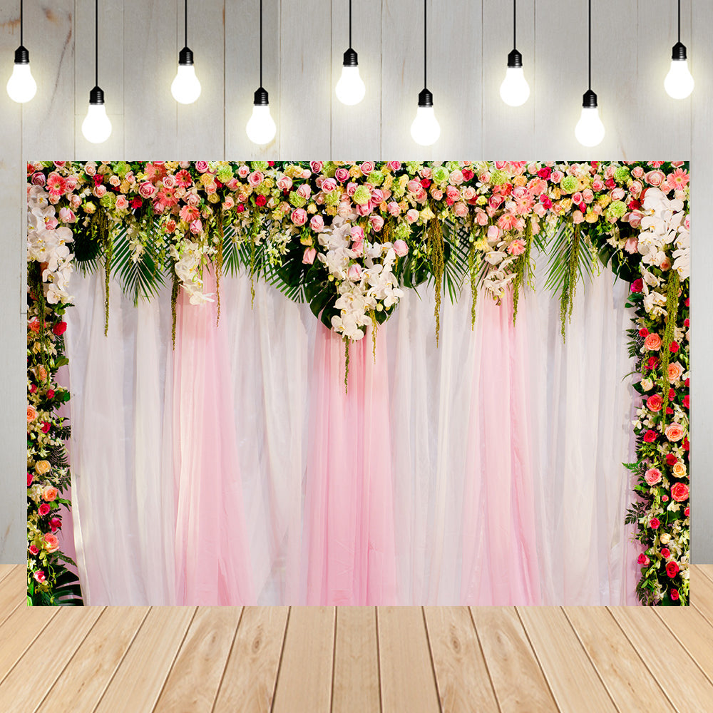 White and Pink Wedding Backdrops for Photography  Wood Floor Curtain Decorated with Pink Rose Flowers Photography Backgrounds