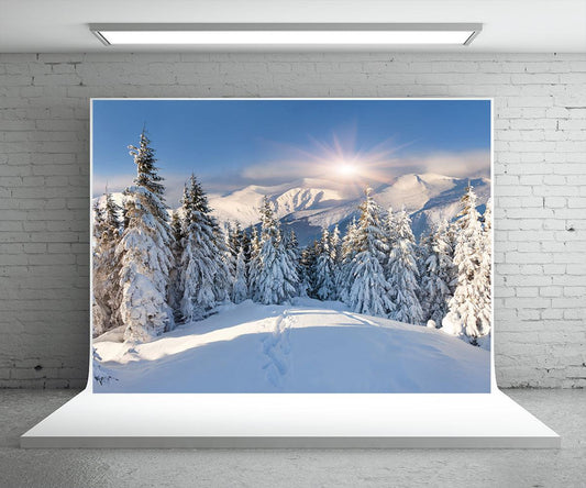 White Snow Forest Mountain Photography Backdrop for Winter