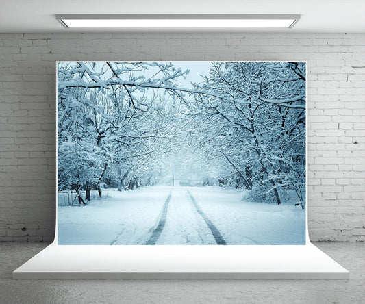 White Snow Road Photography Backdrop Winter Background