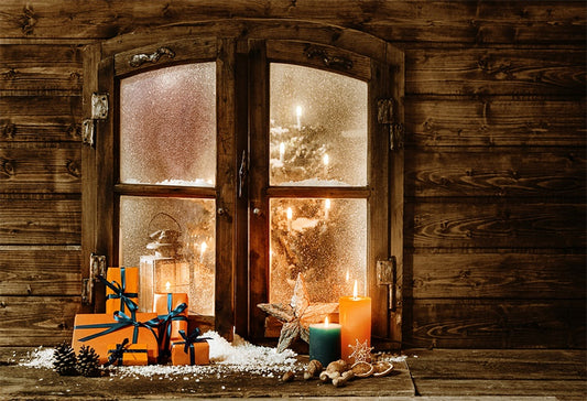 Brown Wood Window Snowflake Christmas Photo Backdrop
