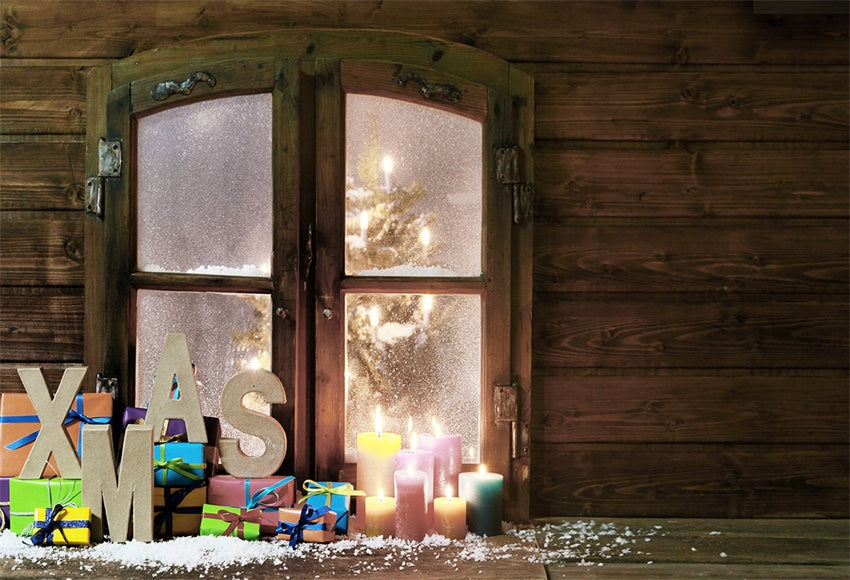 XMAS Wood Window Snow Christmas Backdrop