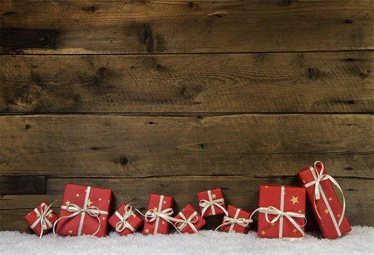 Red Christmas gift snow photography background wooden wall background