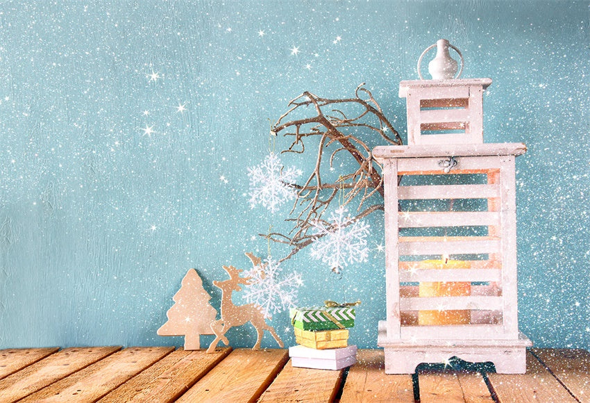 Blue Snowflake Wood Floor Christmas Photo Backdrops