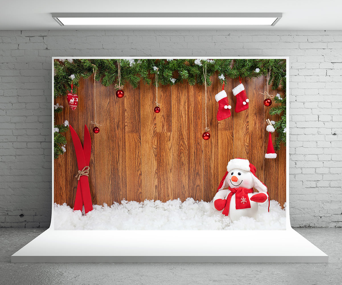 Christmas Wood Wall Photography Backdrops Snowman Background