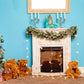 Wood Fireplace Bear Blue Wall Christmas Backdrop