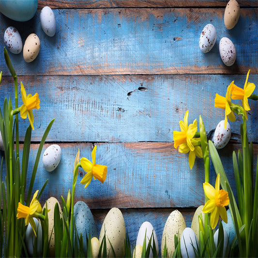 Blue Vintage Wood Easter Daffodil Backdrops for Party