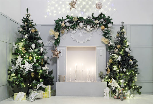 Green Christmas Tree White Fireplace Backdrops