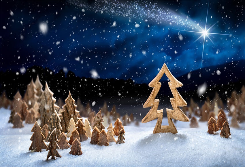 Night of Sky Snow Wood Pine Christmas Backdrops