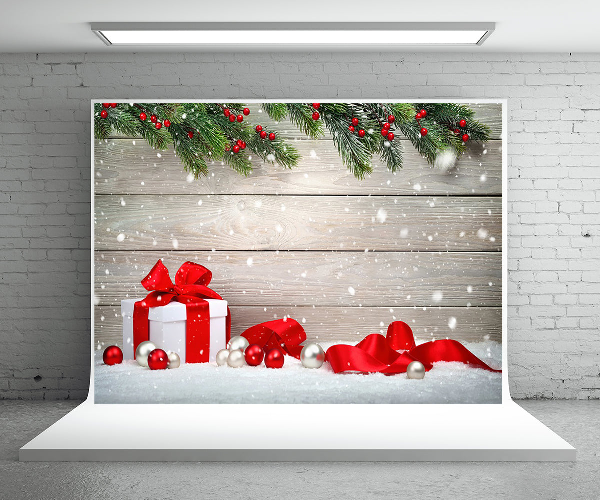 Christmas Gift Photography Backdrop Snow Wood Wall Background