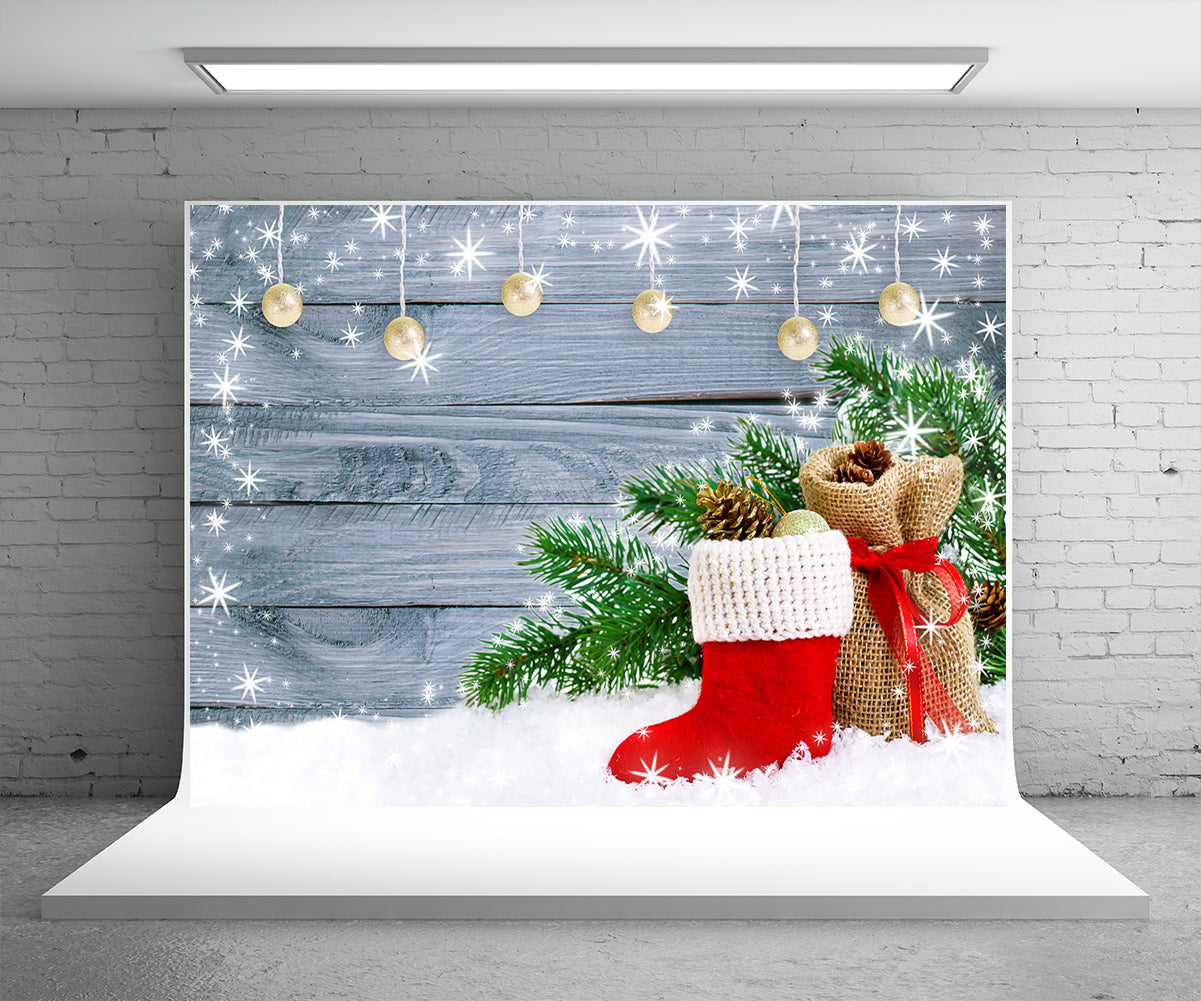Light Snowflake Wood Wall Photo Backdrop Pine Branch Christmas Boot Background