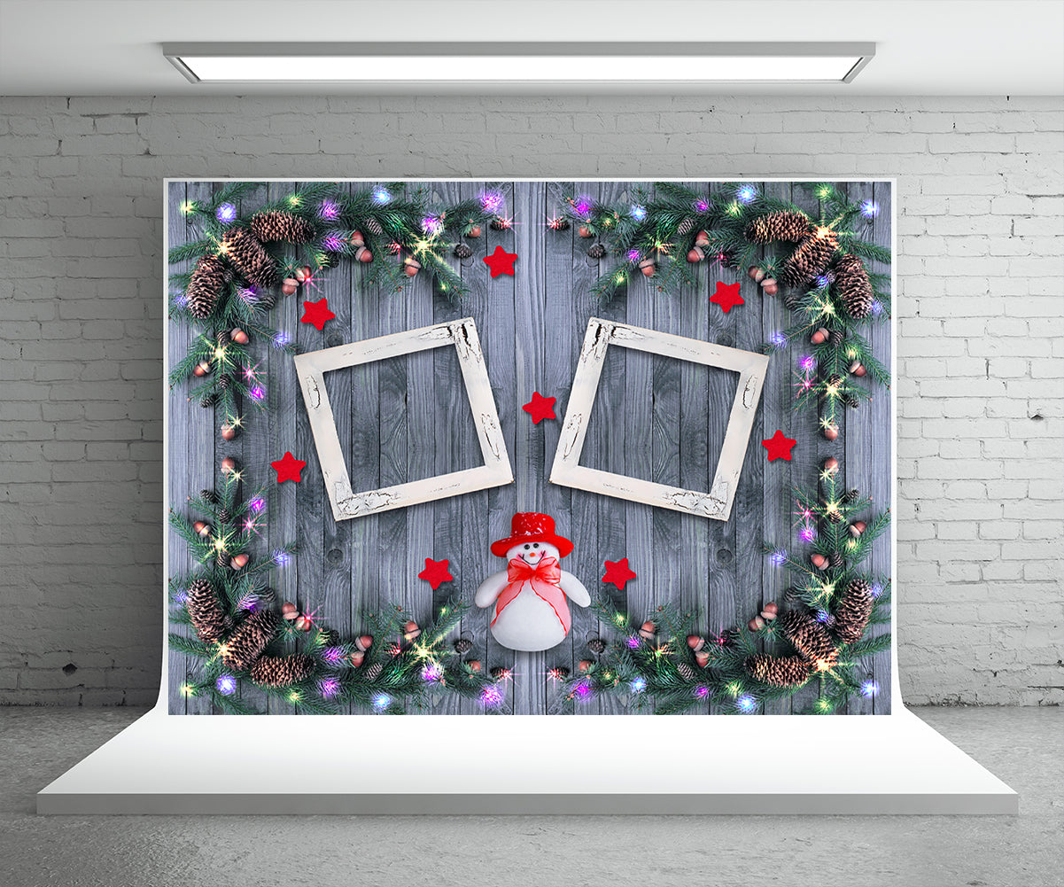 Snowman Blue Wood Wall Photography Backdrop for Christmas