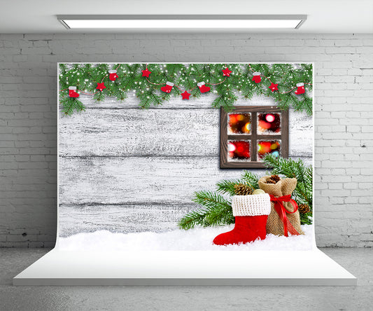 Christmas Photography Backdrop Pine Branch Wood Wall Background