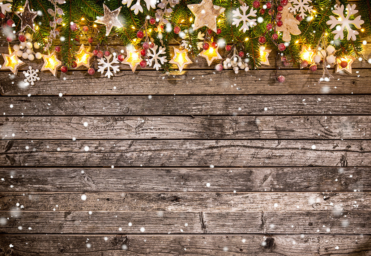 Pine Branch Light Star Wood Wall Photo Backdrop for Christmas