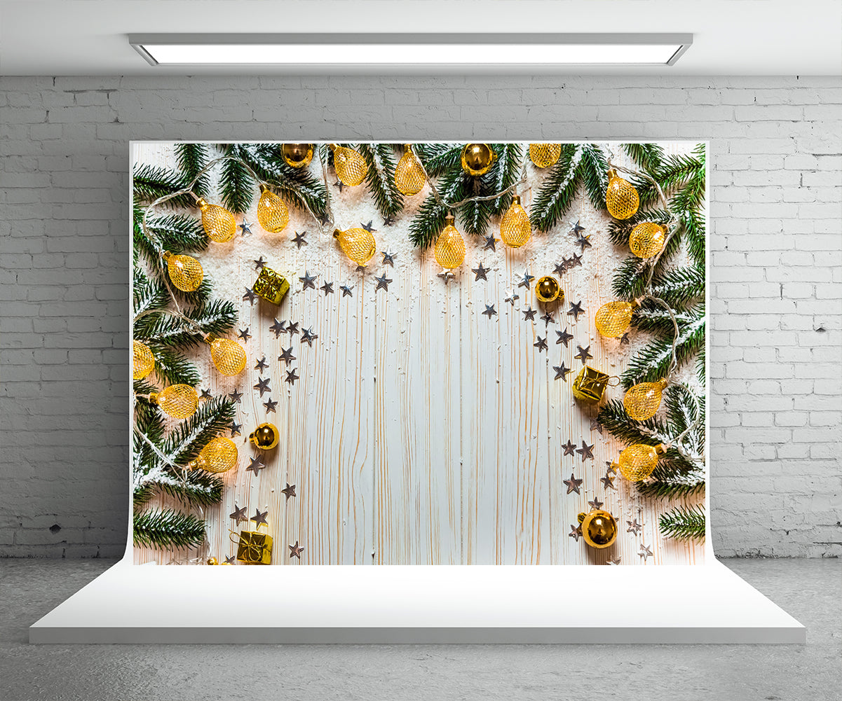Pine Branch White Wood Wall Photography Backdrop Christmas Background