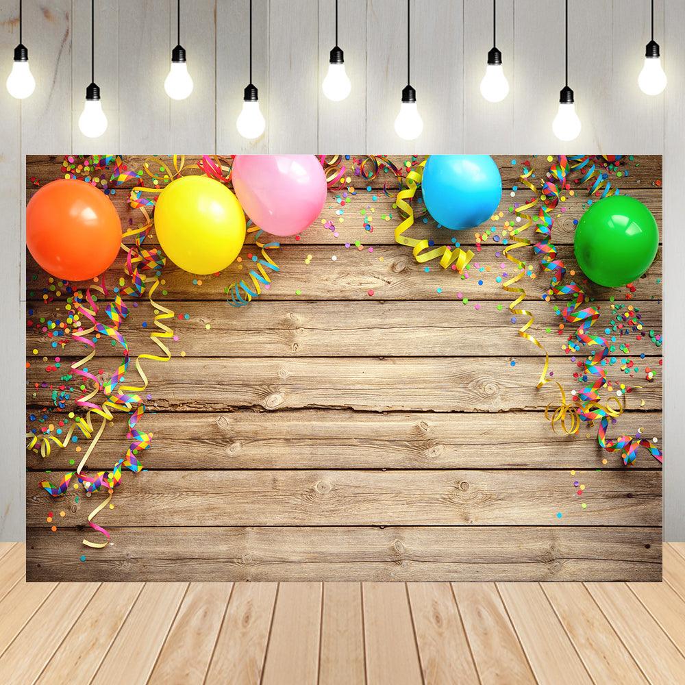 Colorful Balloon Streamers Wood Photography Backdrops  Photo Background for Happy Birthday Party