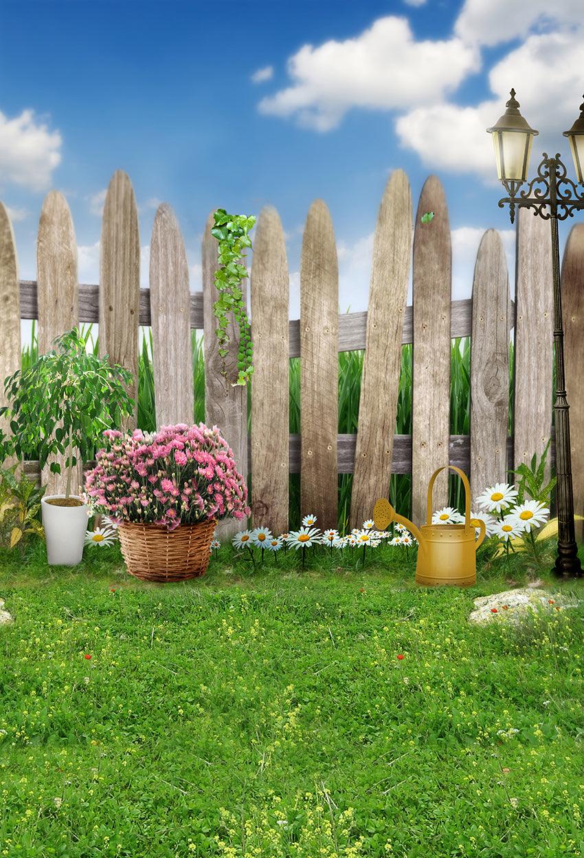 Spring Garden Grass Flowers Blue Sky Fence Backdrops