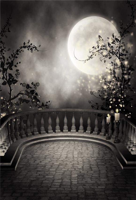 Magic Shiny Bright Moon Black Plant Halloween Backdrop