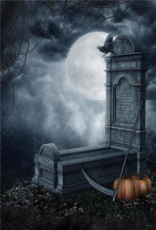 Cemetery Bright Moon Branches Halloween Backdrop